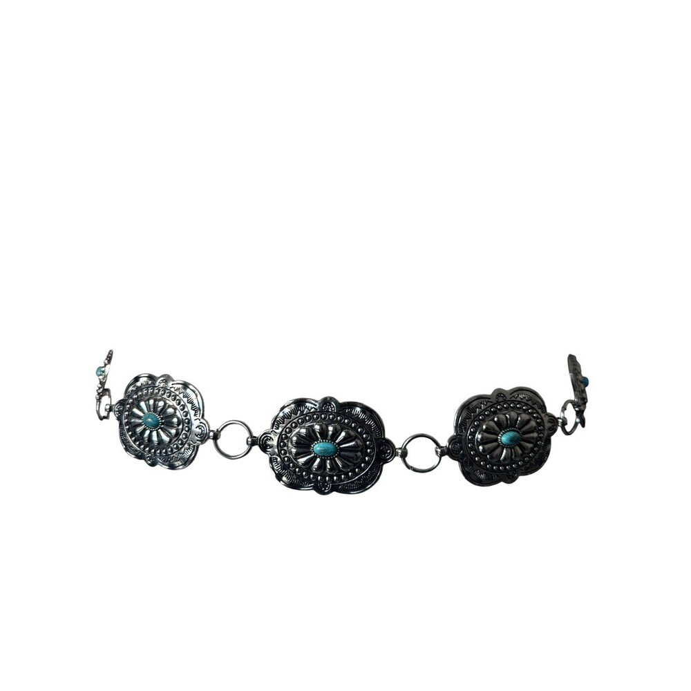 Vintage Cowgirl Silver Oval Concho Turquoise Waist Belt Retro Country Western - Picture 3 of 11